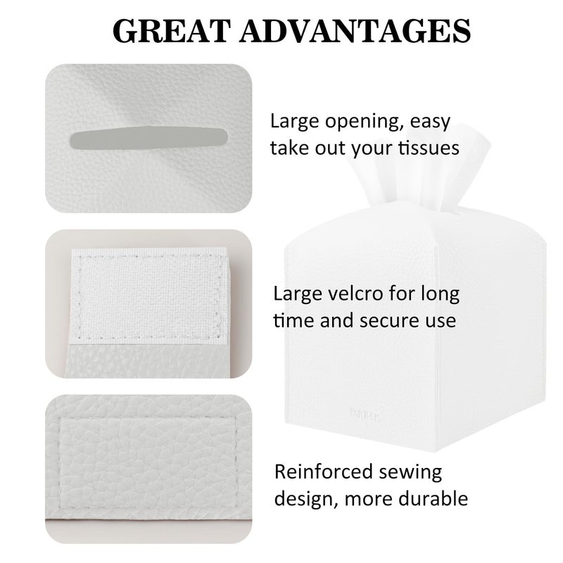 PARIERIS Tissue Box Cover Holder Square Tissue Cube Cover PU Leather Tissue Organizer with Bottom Belt for Bathroom  Tabletop  Car  Night Stands  Office  Home  Kitchen (1  White) - Image 4